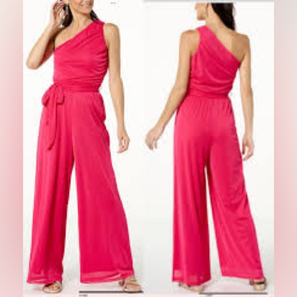 NWT G by Giuliana Black Label 1-Shoulder Aria Mesh Jumpsuit Bright Rose XXS